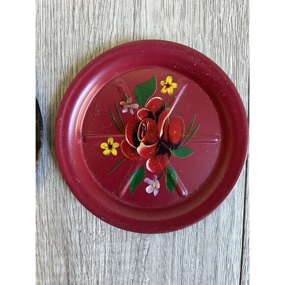 Vintage Tole Red & Black Hand Painted Coasters Ashtrays Metal Floral Set Of 2 - Picture 3 of 5